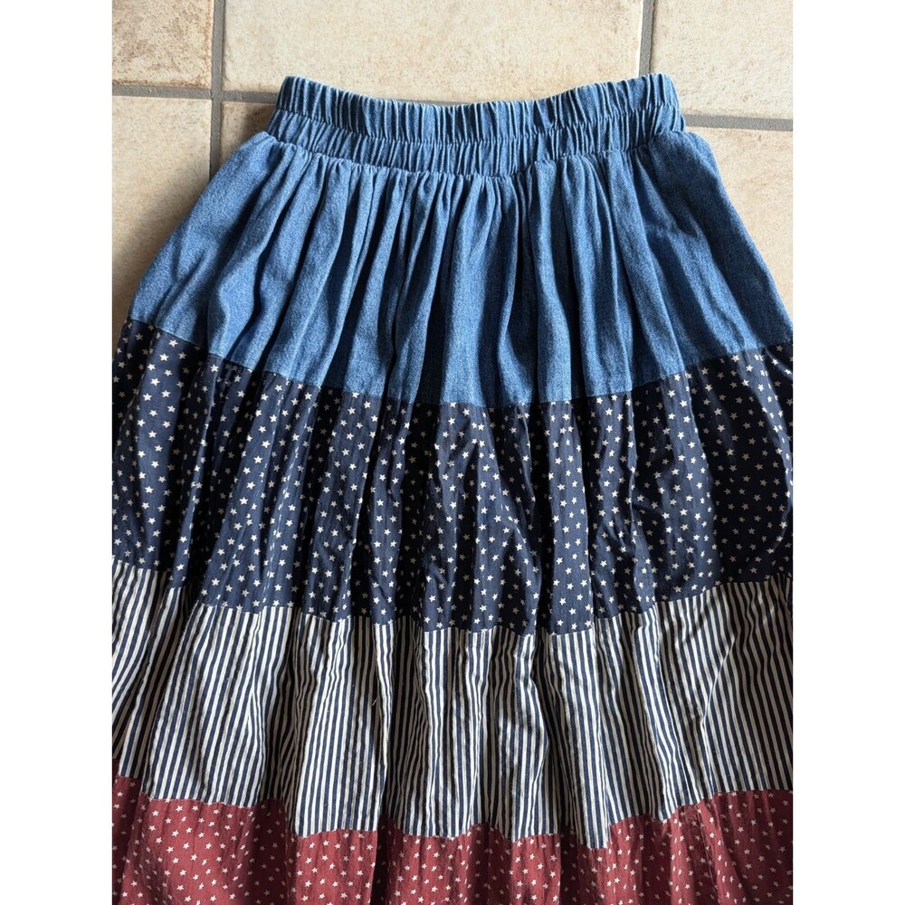 Vintage Medium Country Denim Cotton Skirt Elastic tiered Stars Stripes Rodeo USA - Picture 3 of 9